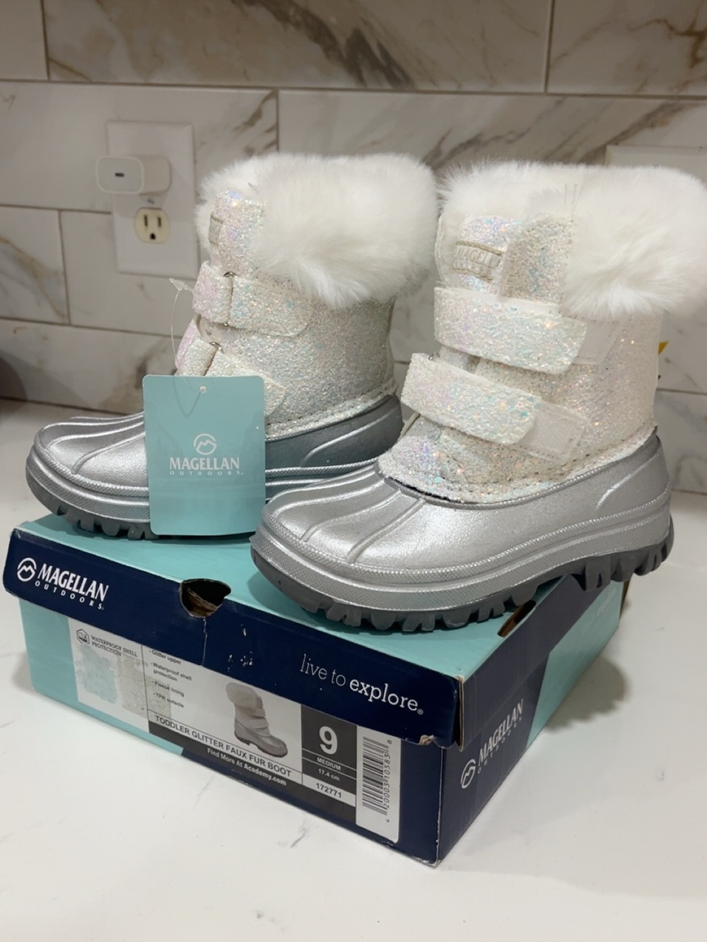 Magellan Outdoors White Glitter Faux Fur Toddler Snow Boots